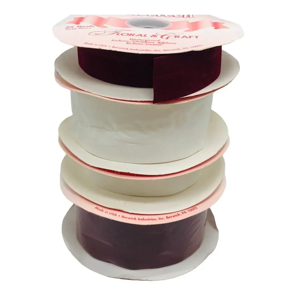 4 Rolls VTG Berwick Velveteen Ribbon WATERPROOF Satin White Red Christmas Lot